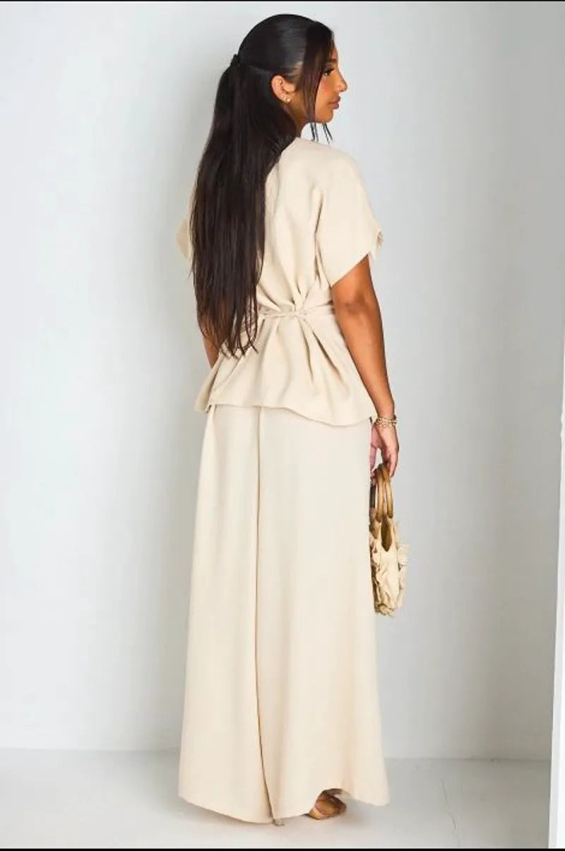 Ensemble deux pièces beige veste manches courtes + pantalon
