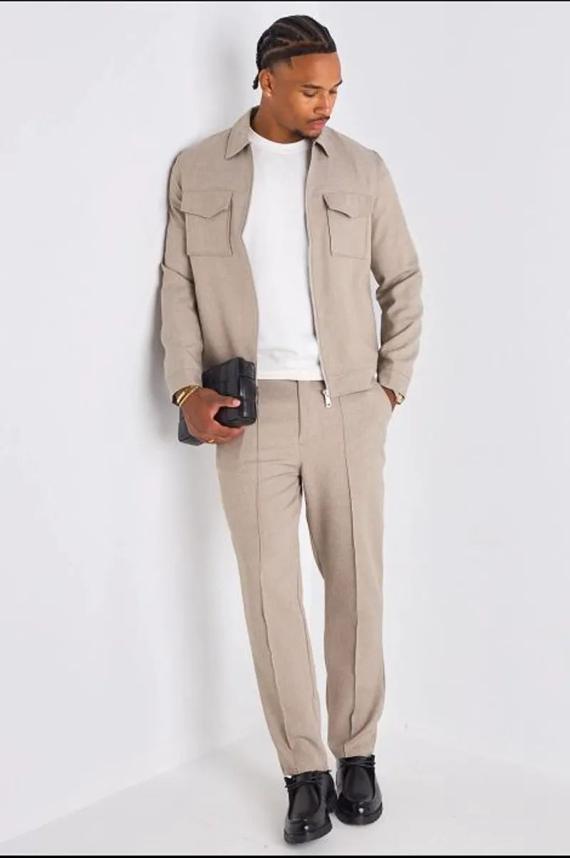 Ensemble deux pièces beige veste + pantalon coupe droite