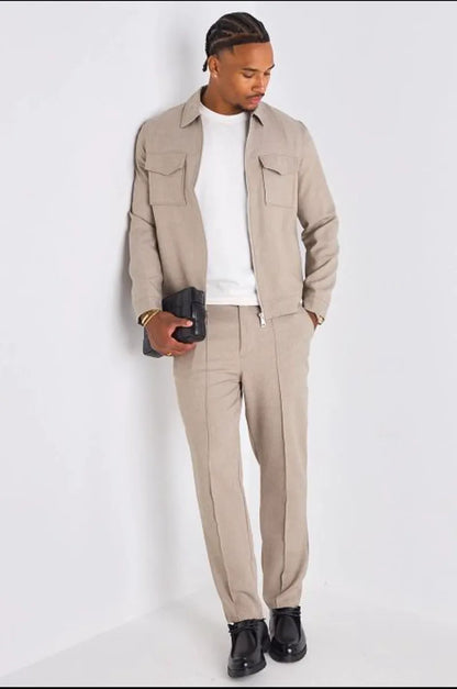 Ensemble deux pièces beige veste + pantalon coupe droite