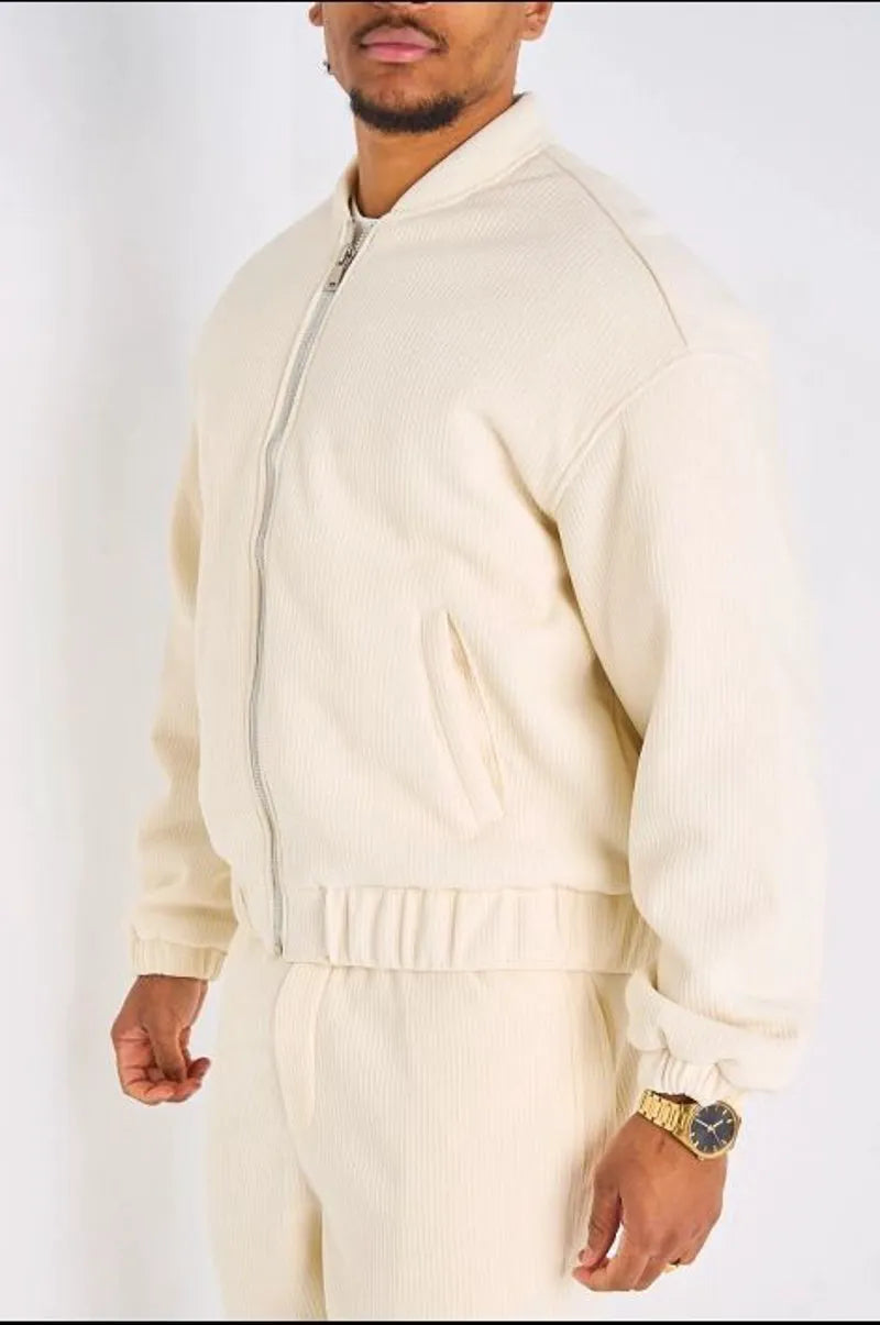 Ensemble deux pièces beige veste + pantalon effet velour côtelé