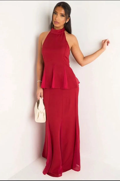 Ensemble deux pièces bordeaux top dos nu + jupe longue