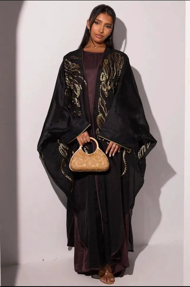 Ensemble deux pièces couleur café : robe + kimono à perles et broderies