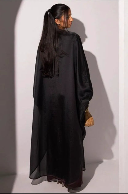 Ensemble deux pièces couleur café : robe + kimono à perles et broderies