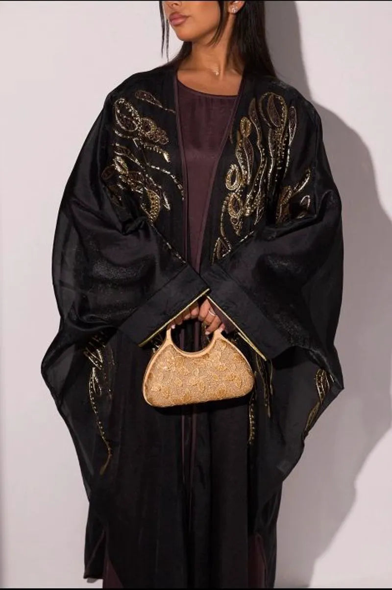 Ensemble deux pièces couleur café : robe + kimono à perles et broderies