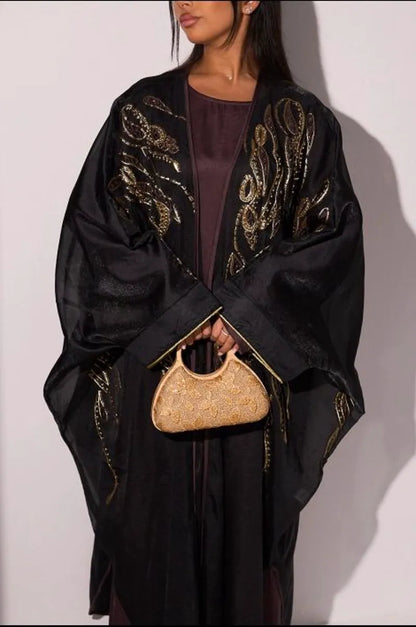 Ensemble deux pièces couleur café : robe + kimono à perles et broderies