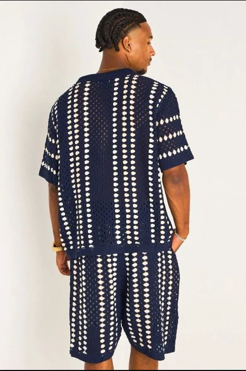 Ensemble deux pièces en crochet bleu marine chemise + short à rayures verticales