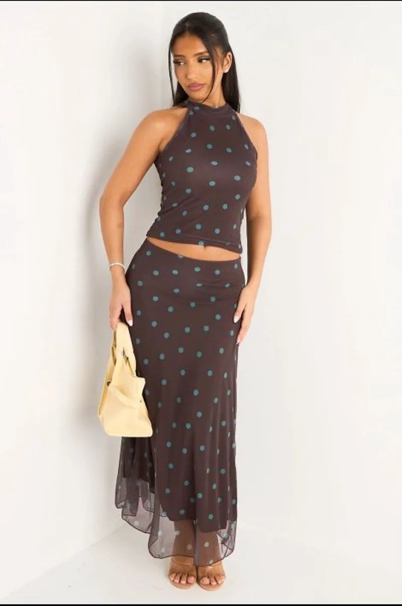Ensemble deux pièces marron à pois bleu top sans manches à col montant + jupe longue