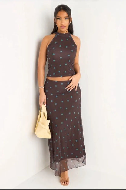 Ensemble deux pièces marron à pois bleu top sans manches à col montant + jupe longue