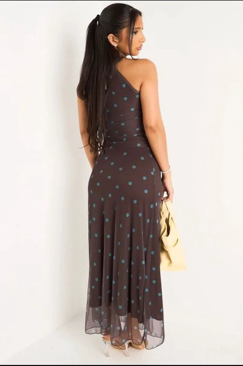Ensemble deux pièces marron à pois bleu top sans manches à col montant + jupe longue