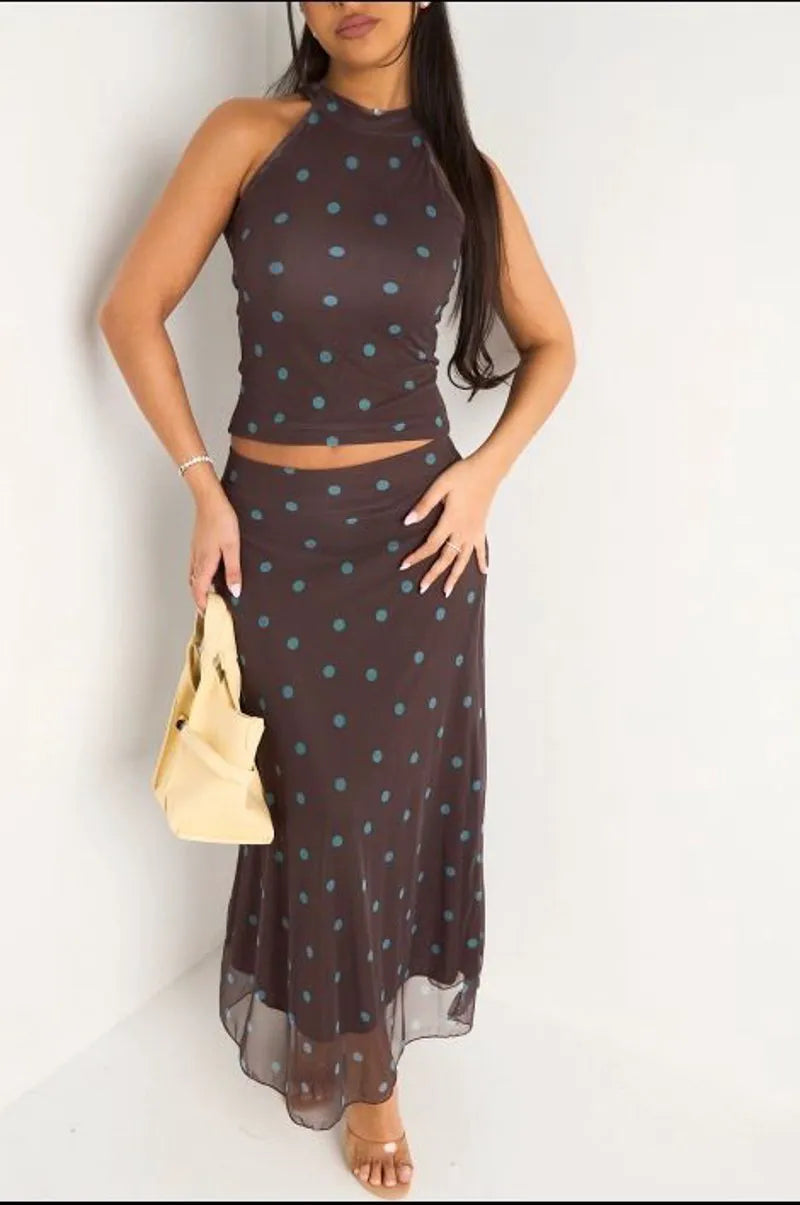Ensemble deux pièces marron à pois bleu top sans manches à col montant + jupe longue