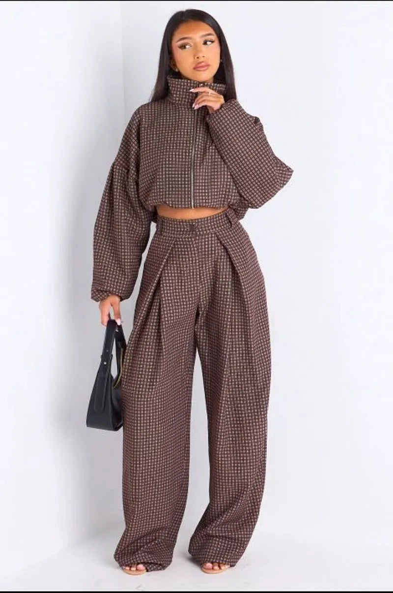 Ensemble deux pièces marron veste + pantalon à carreaux