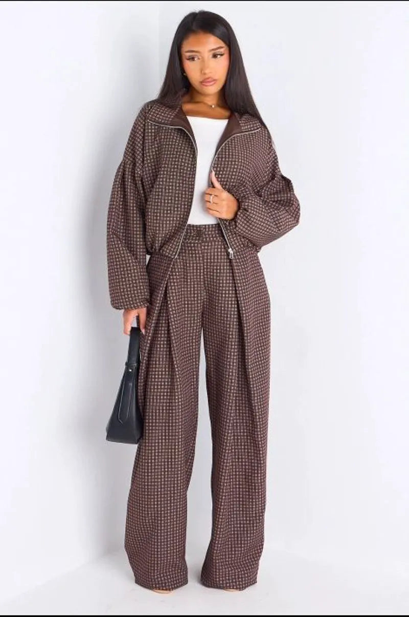 Ensemble deux pièces marron veste + pantalon à carreaux