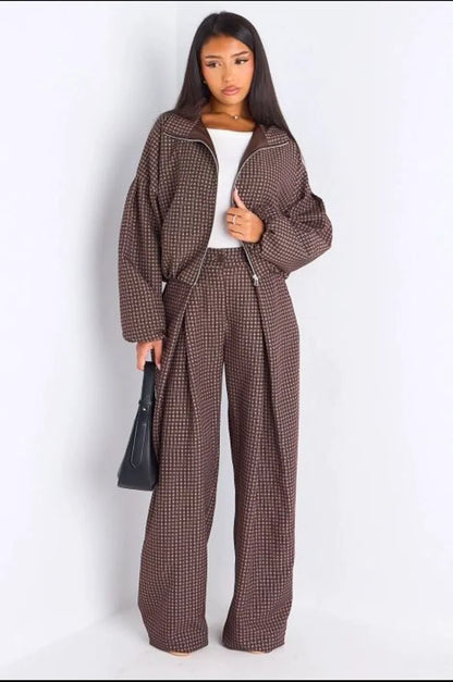Ensemble deux pièces marron veste + pantalon à carreaux