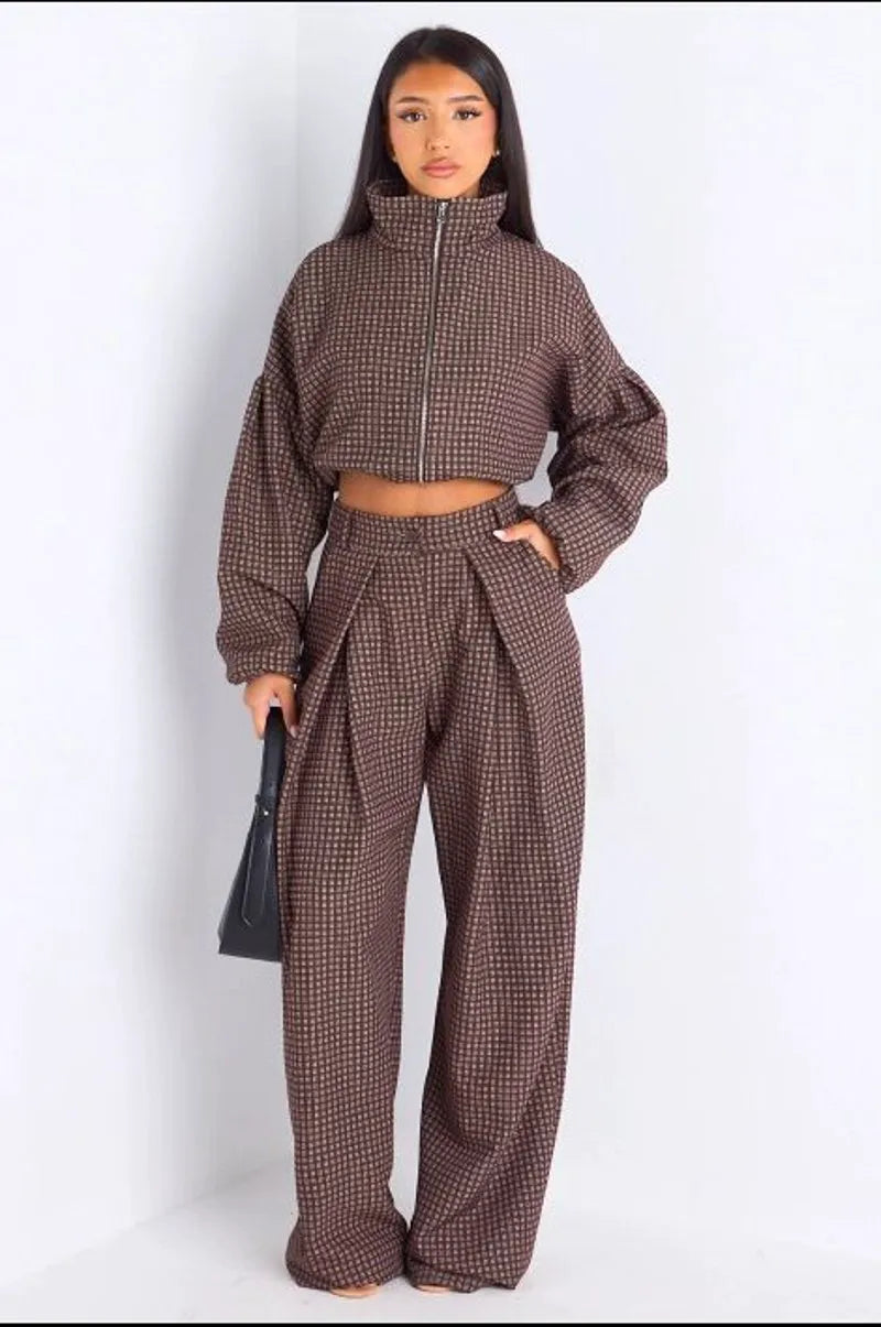 Ensemble deux pièces marron veste + pantalon à carreaux