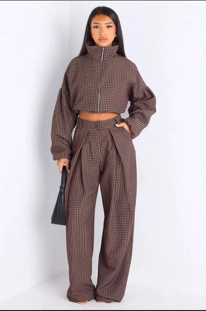 Ensemble deux pièces marron veste + pantalon à carreaux