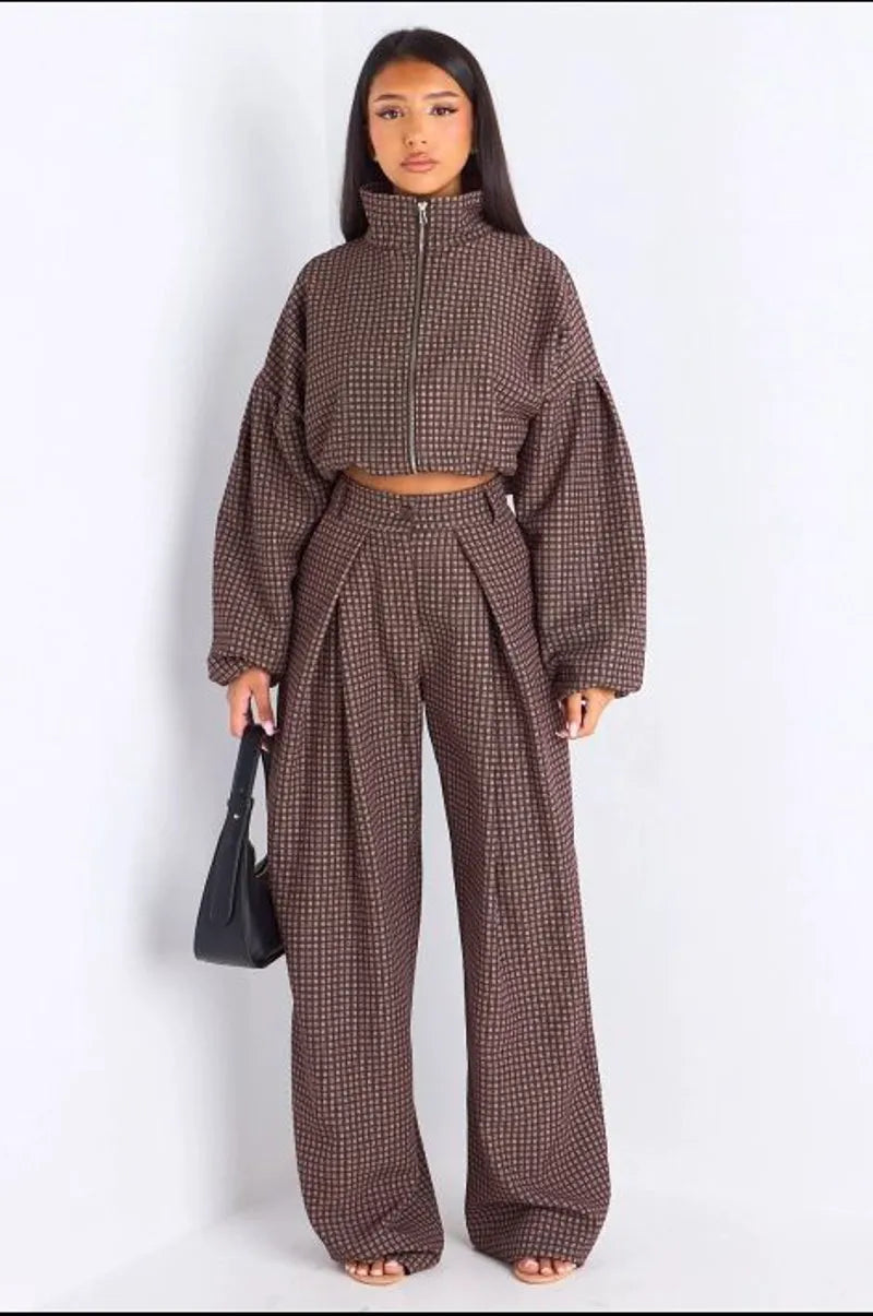 Ensemble deux pièces marron veste + pantalon à carreaux