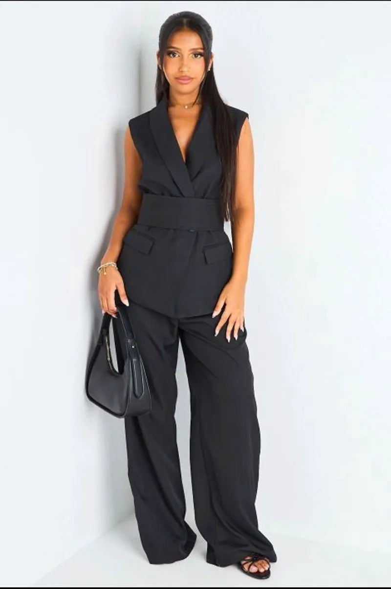 Ensemble deux pièces noir blazer sans manches + pantalon