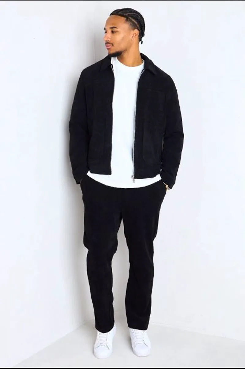 Black two-piece set: ribbed-effect jacket + trousers