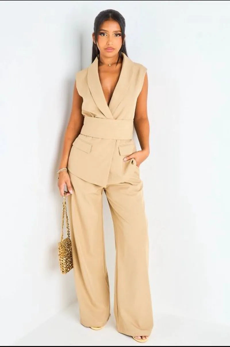 Ensemble deux pièces taupe blazer sans manches + pantalon