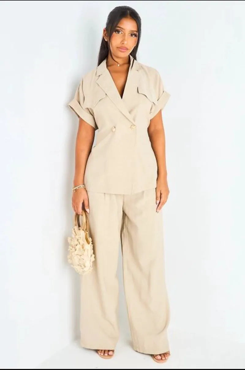 Ensemble deux pièces taupe haut manches courtes + pantalon à coupe droite