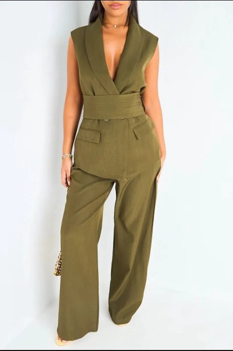 Ensemble deux pièces vert blazer sans manches + pantalon