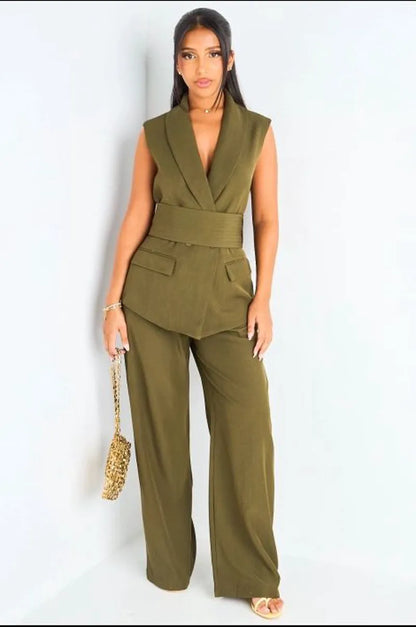 Ensemble deux pièces vert blazer sans manches + pantalon