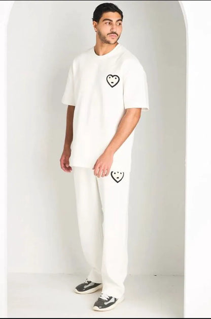 Ensemble blanc haut + pantalon avec broderies