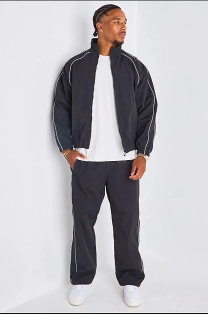 Ensemble survêtement deux pièces noir à bandes blanches veste + jogging