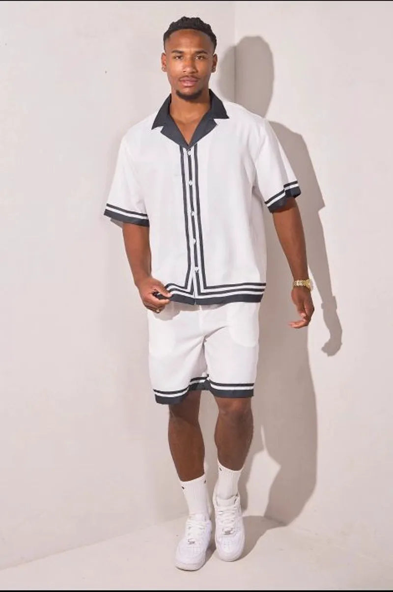 White two-piece set: shirt + black striped shorts
