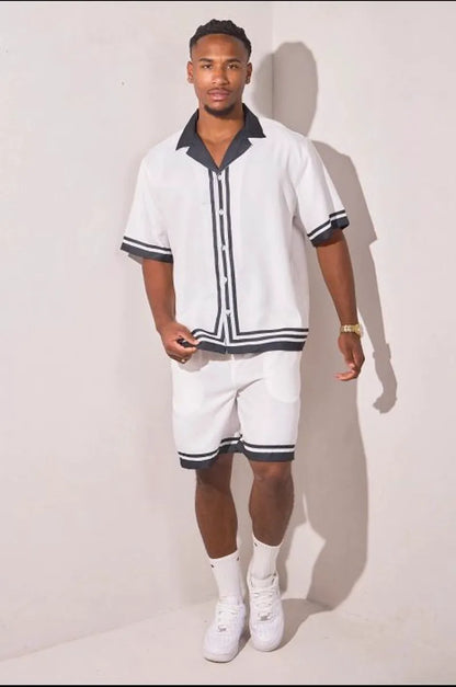 White two-piece set: shirt + black striped shorts