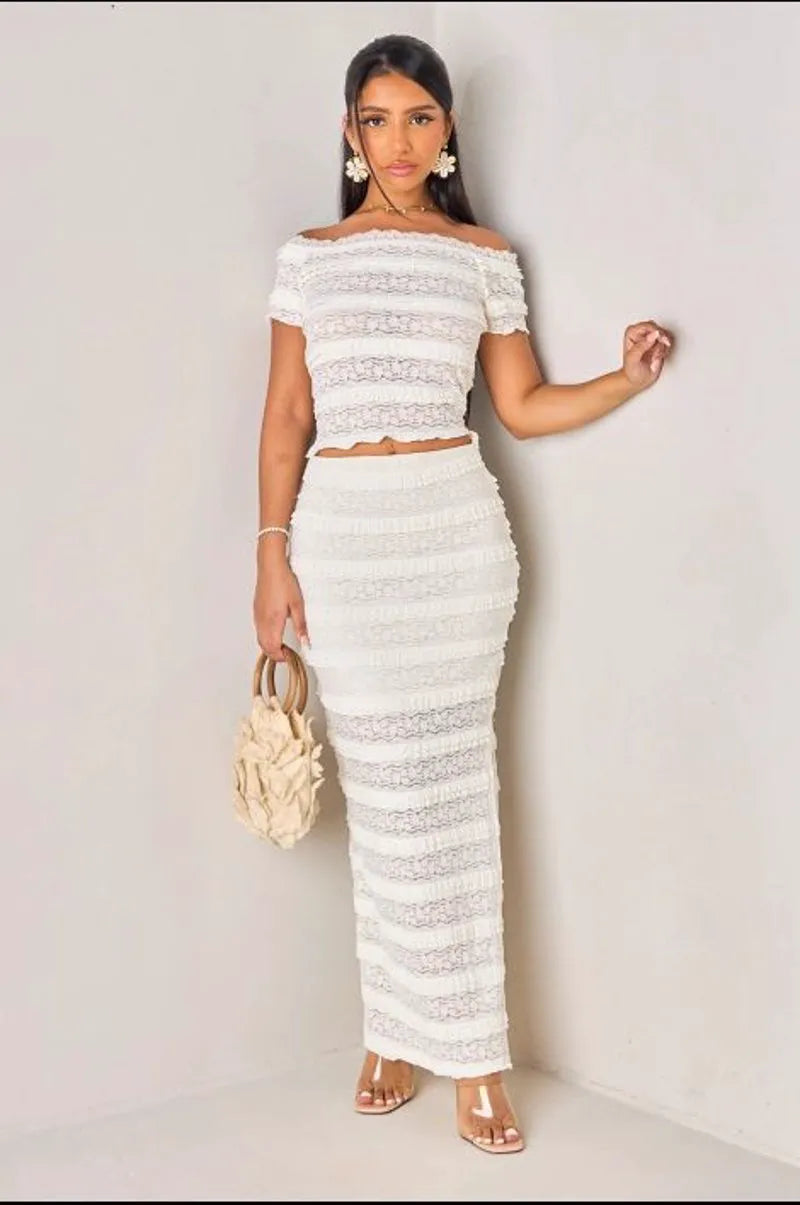 Ecru openwork lace two-piece set: top + skirt