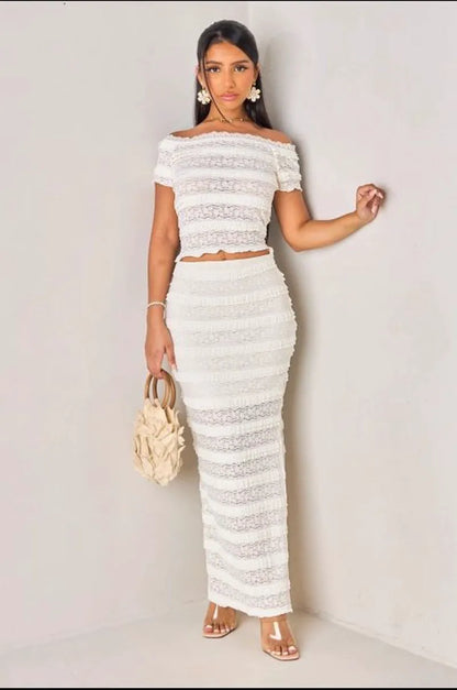 Ecru openwork lace two-piece set: top + skirt
