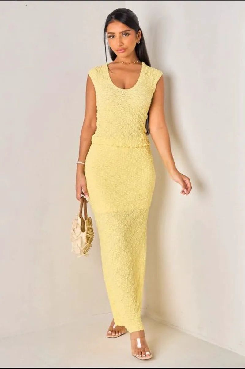Yellow waffle-knit two-piece set: top + maxi skirt
