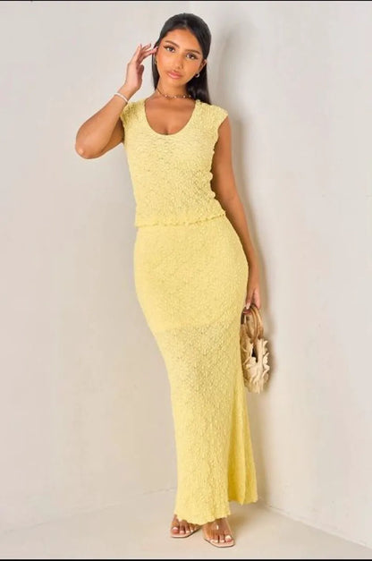 Yellow waffle-knit two-piece set: top + maxi skirt