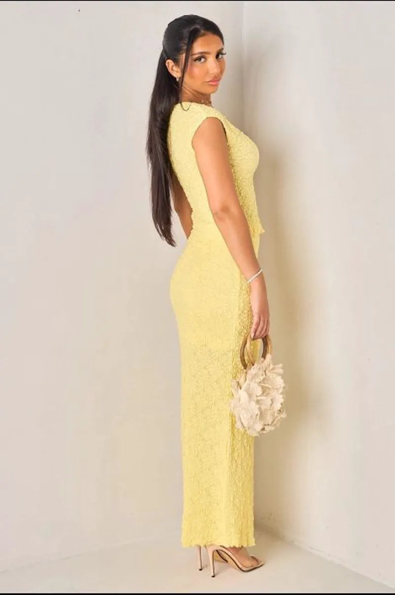 Yellow waffle-knit two-piece set: top + maxi skirt