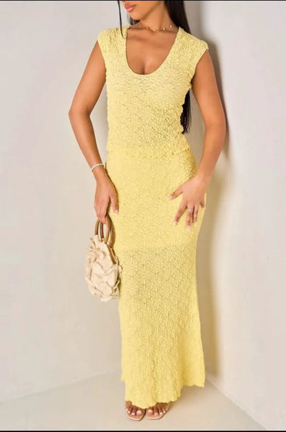 Yellow waffle-knit two-piece set: top + maxi skirt