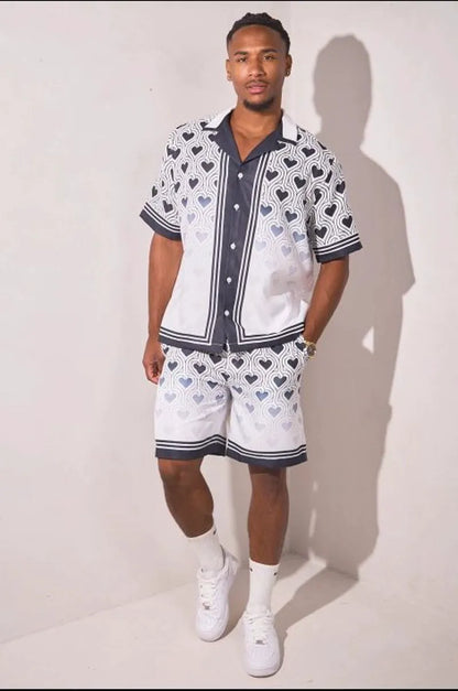 Two-piece heart print ensemble: black and white shirt + shorts