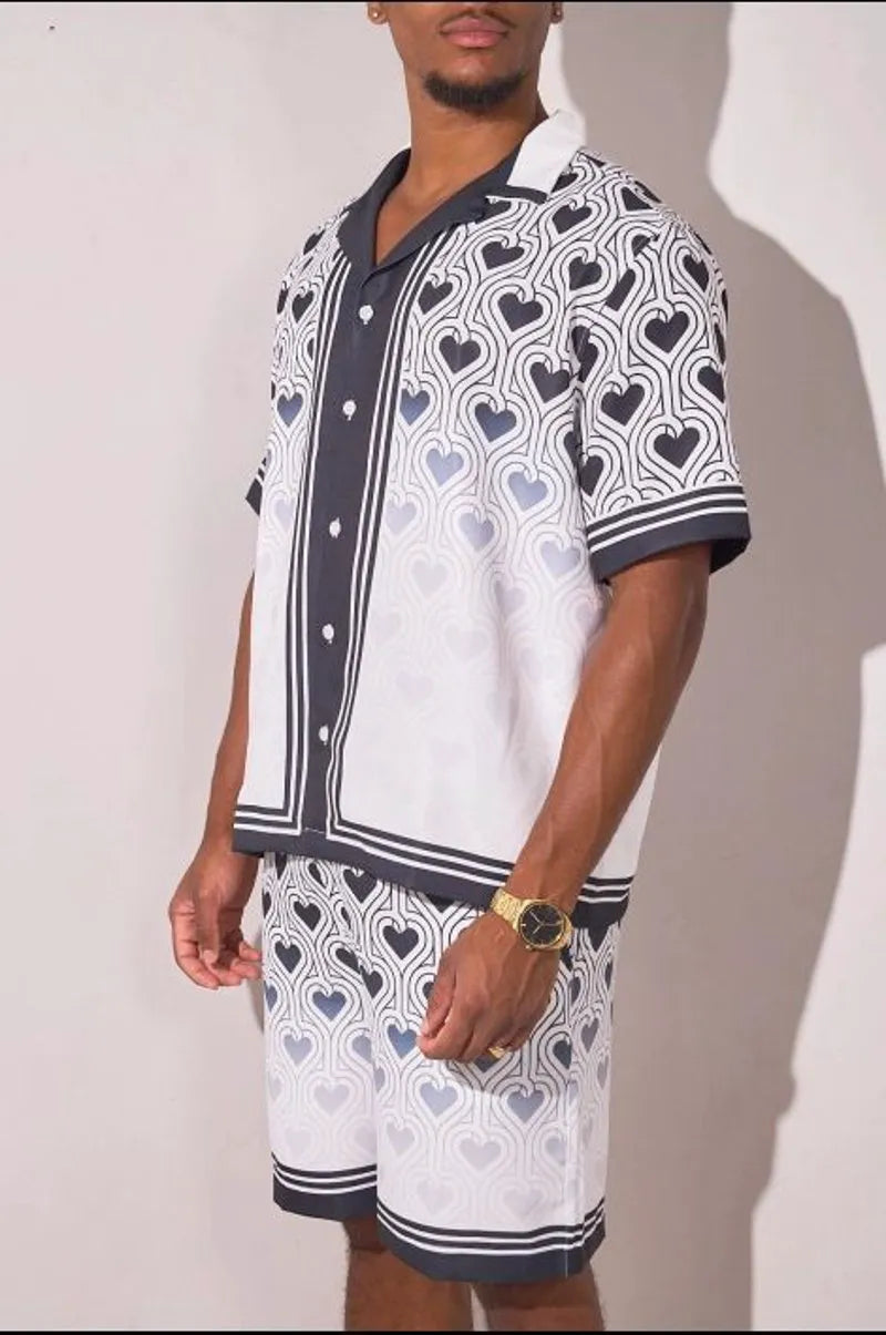 Two-piece heart print ensemble: black and white shirt + shorts