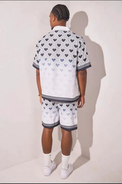 Two-piece heart print ensemble: black and white shirt + shorts
