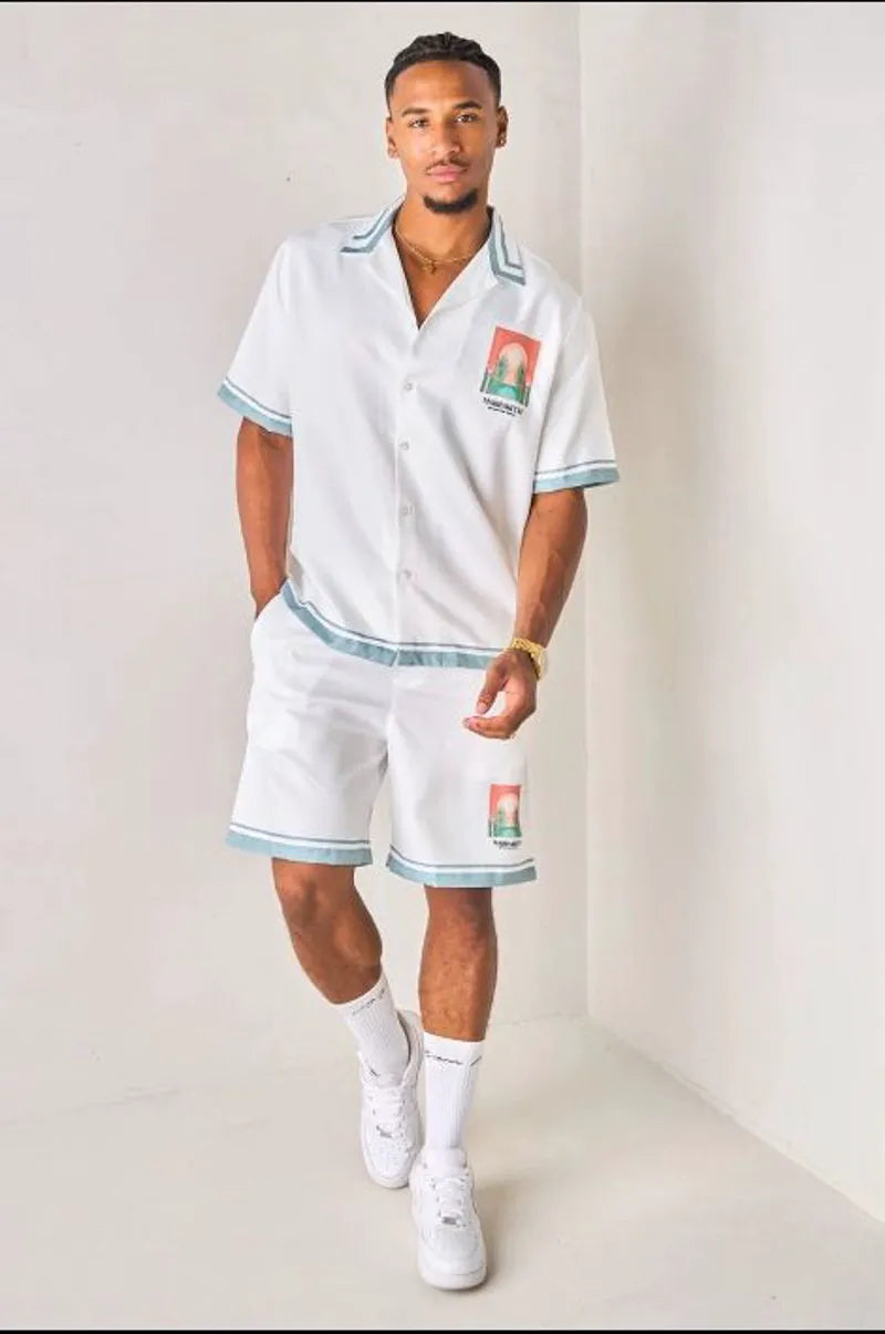 "marrakech" two-piece set: green and white shirt + shorts