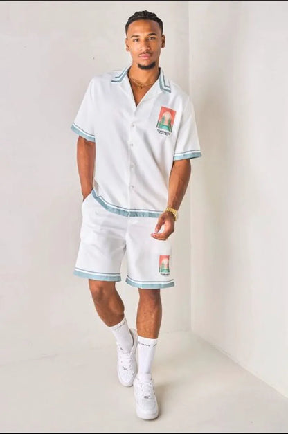 "marrakech" two-piece set: green and white shirt + shorts