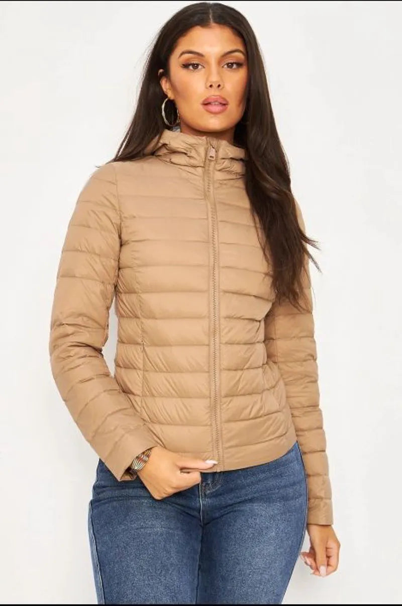 Extremely warm taupe down puffer jacket