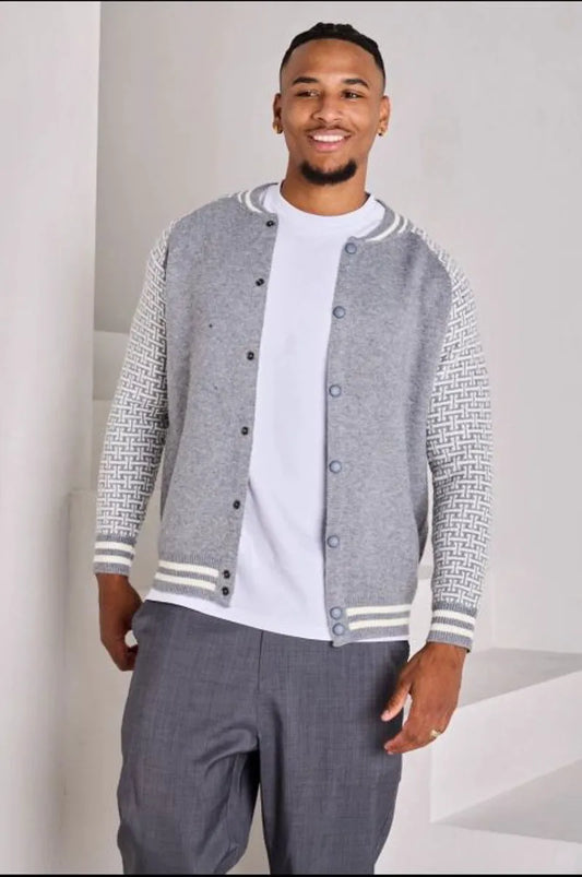 Gray knit vest with patterned sleeves