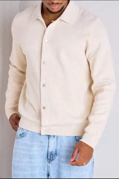 Beige sweater vest with fold-over collar