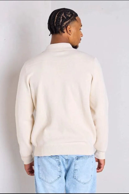 Beige sweater vest with fold-over collar