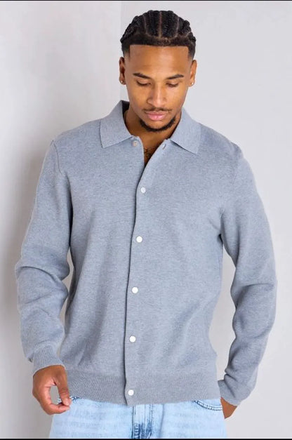 Gray sweater vest with a fold-over collar