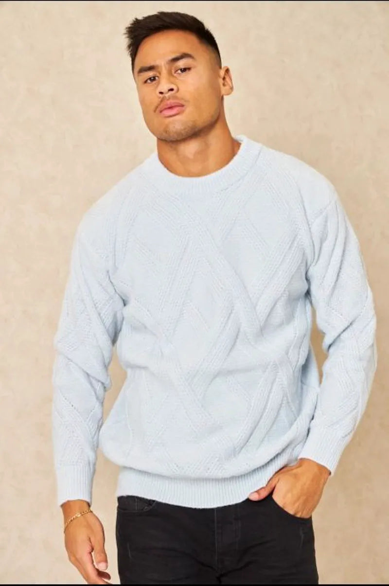 Gray cross-patterned crew neck sweater