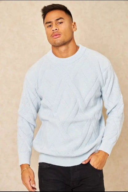Gray cross-patterned crew neck sweater