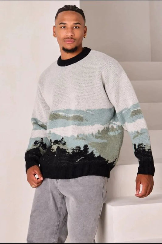 Gray knit sweater with green pattern
