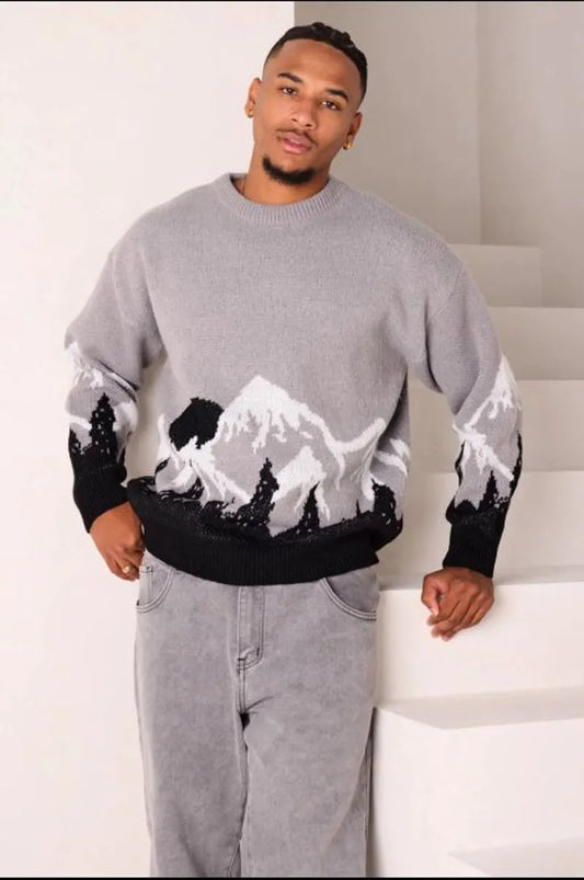 Gray landscape-patterned knit sweater